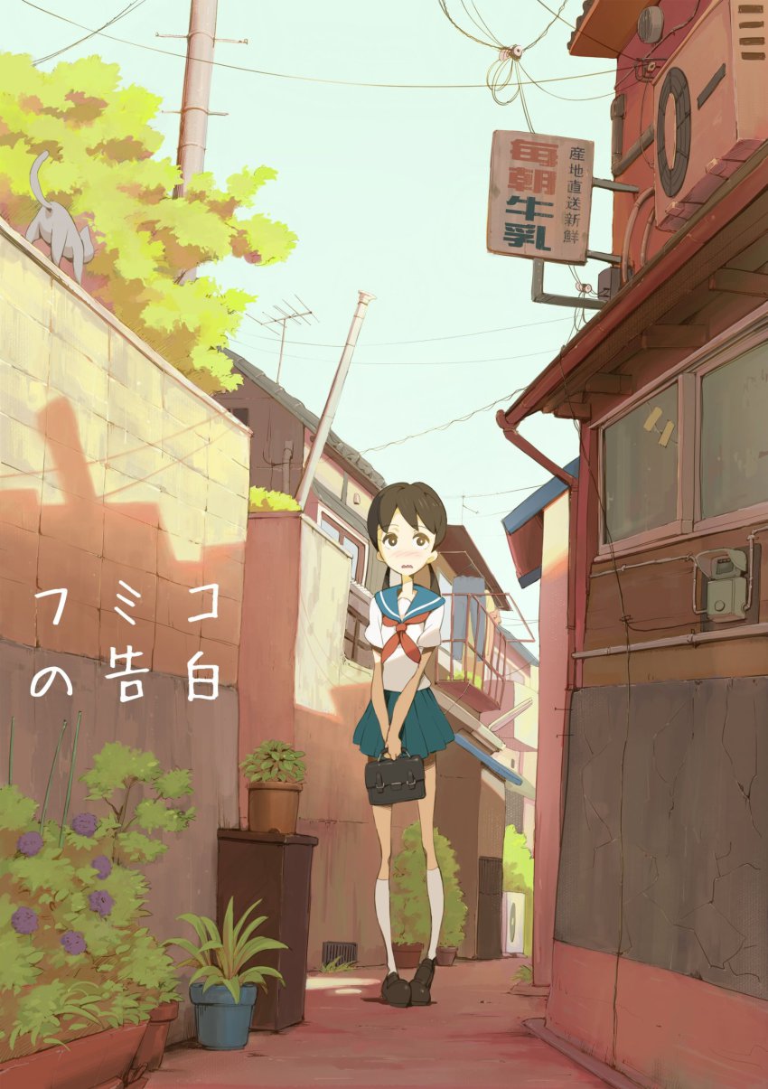 00s, 1girl, absurdres, air_conditioner, alley, animal, antennae, artist_name, bag, blouse, blush, brown_eyes, brown_hair, building, cable, cat, copyright_name, cover, dvd_cover, electricity_meter, female_focus, fumiko, fumiko_no_kokuhaku, grass, grate, highres, ishida_hiroyasu, kneehighs, long_hair, miniskirt, official_art, outdoors, plant, pleated_skirt, pot, potted_plant, power_lines, road, school_bag, school_uniform, serafuku, shirt, skinny, skirt, sky, socks, solo, standing, straight_hair, street, tree, twintails, utility_pole_(object), wavy_mouth, white_socks