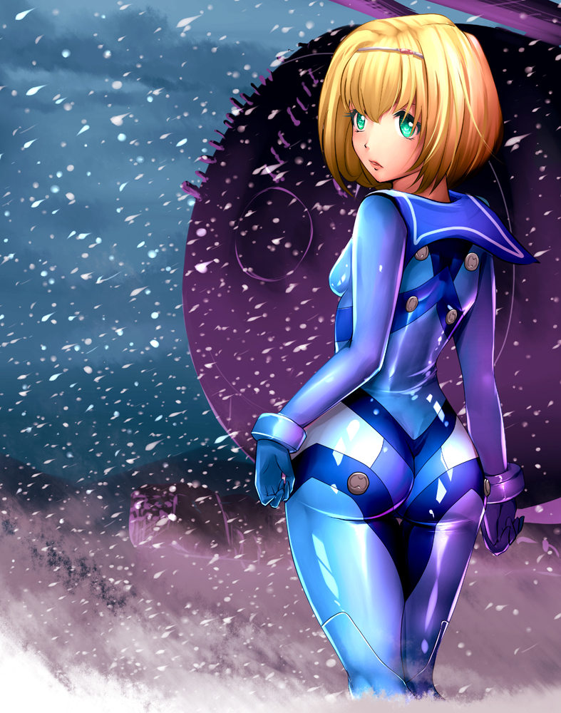 10s, 1girl, ass, baby_magnum, blue_gloves, blush, bodysuit, building