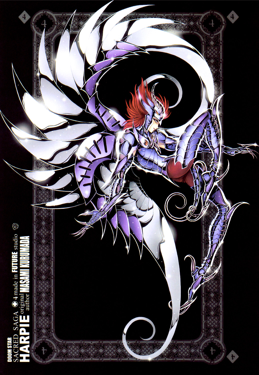 1boy, armor, armored_boots, black_background, boots, future_studio_(artist), gauntlets, gloves, harpy_valentine, highres, male_focus, mechanical_wings, red_hair, sacred_saga, saint_seiya, solo, wings