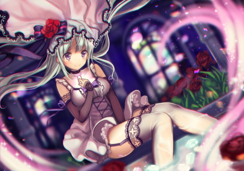 1girl, beads, belldot, blurry, bow, bridal_veil, choker, chromatic_aberration