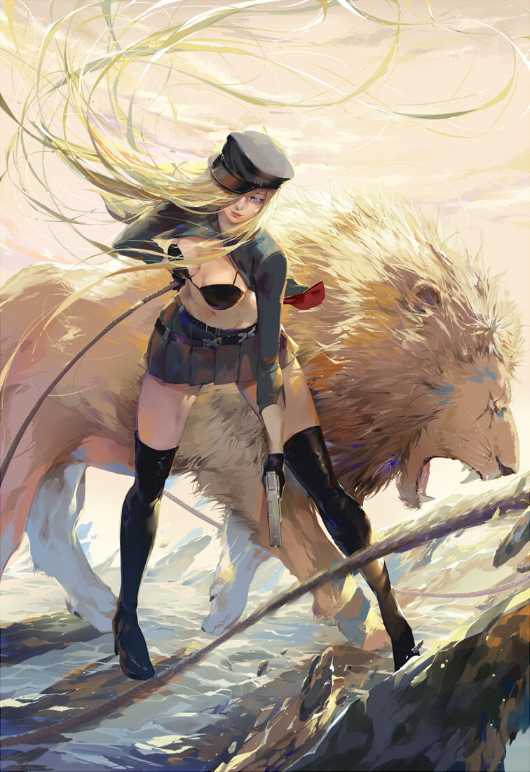 10s, 1girl, animal, belt, bikini, bikini_top_only, bishamonten_(noragami), black_boots