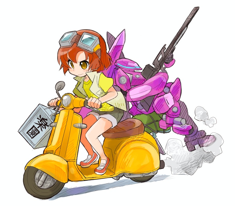 10s, 1girl, brown_hair, closed_mouth, driving, female_focus, goggles, goggles_on_head, gun, jacket, mark_sieben, mecha, motor_vehicle, rifle, robot, sakaki_tsui, scooter, shoes, short_hair, shorts, simple_background, smoke, smoke_trail, sniper_rifle, solo, soukyuu_no_fafner, sweatdrop, toomi_maya, vehicle, vespa, weapon, yellow_eyes