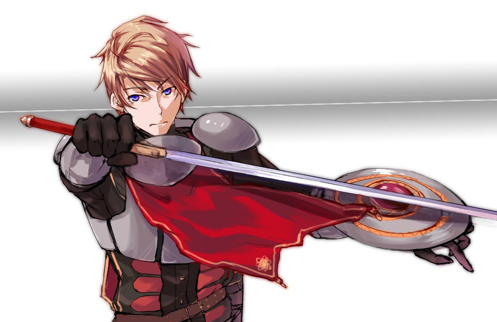 1boy, armor, black_gloves, blue_eyes, crave_(sennen_sensou_aigis), eichi_(yashokuya), gloves, looking_at_viewer