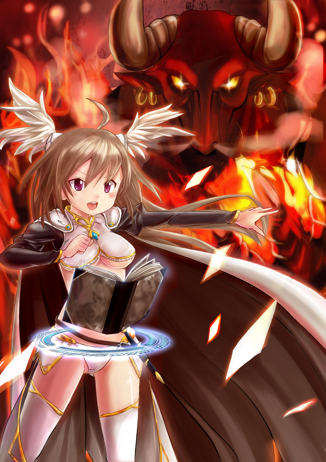 1boy, 1girl, ahoge, book, breasts, brown_hair, cape, earrings, fire, glowing, glowing_eyes, highres, jewelry, minotaur, open_book, open_mouth, purple_eyes, sennen_sensou_aigis, sorano_(sennen_sensou_aigis), underboob, yakinabe