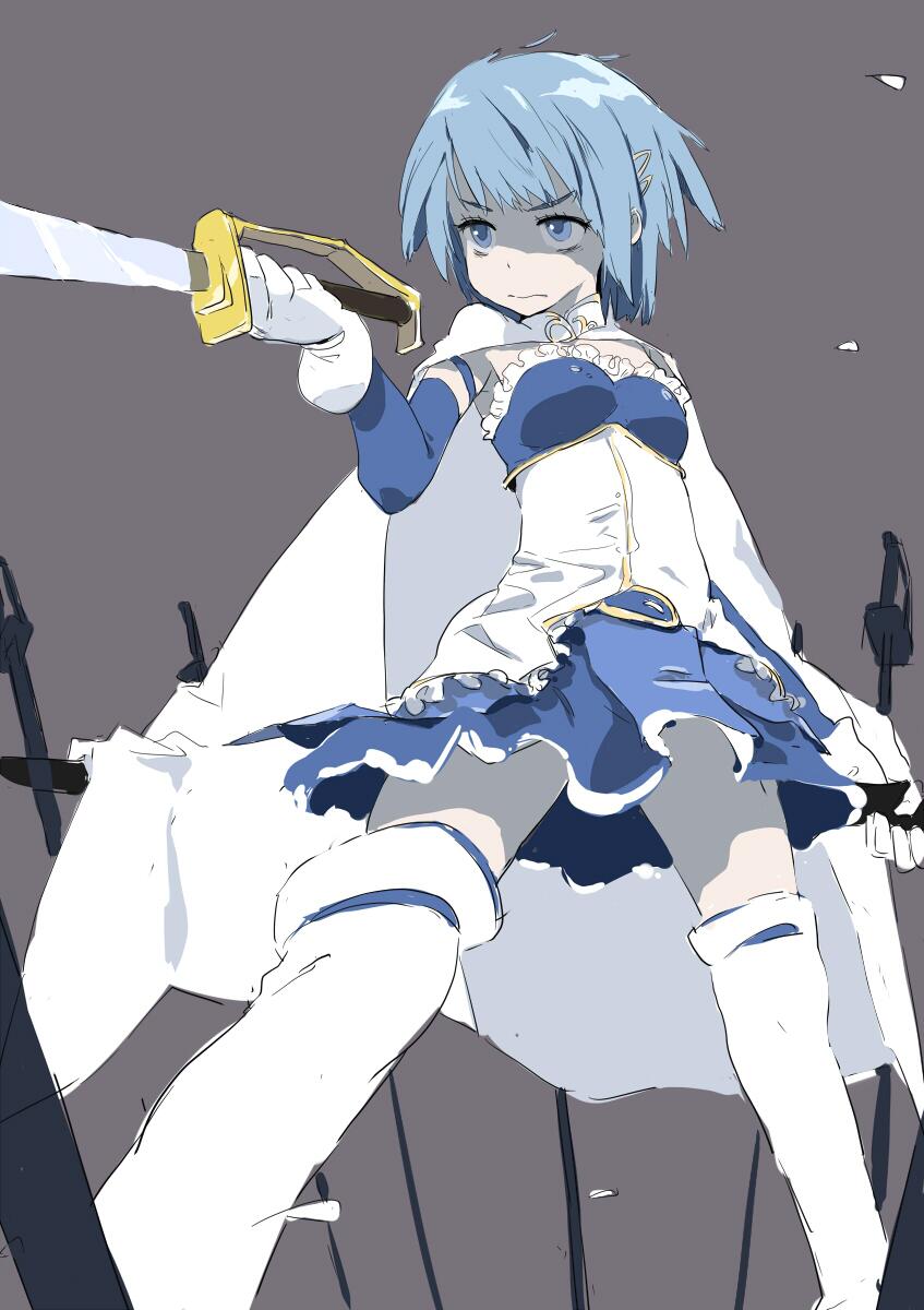 10s, 1girl, blue_eyes, blue_hair, cape, cutlass, female_focus, gloves