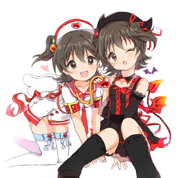 10s, 2girls, akagi_miria, angel_wings, black_hair, caracorn, demon_tail, dual_persona