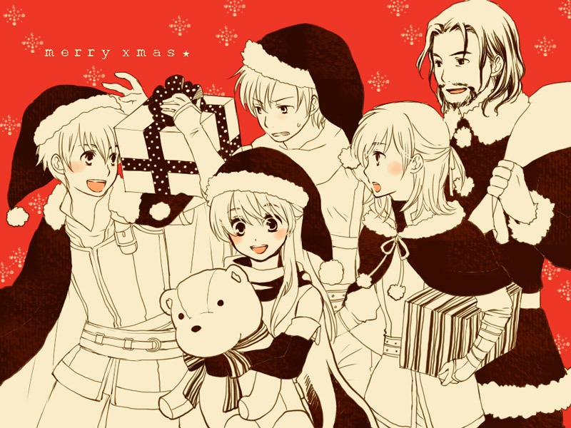1girl, 4boys, :d, bare_shoulders, black_gloves, blush, christmas, edward_(fire_emblem)