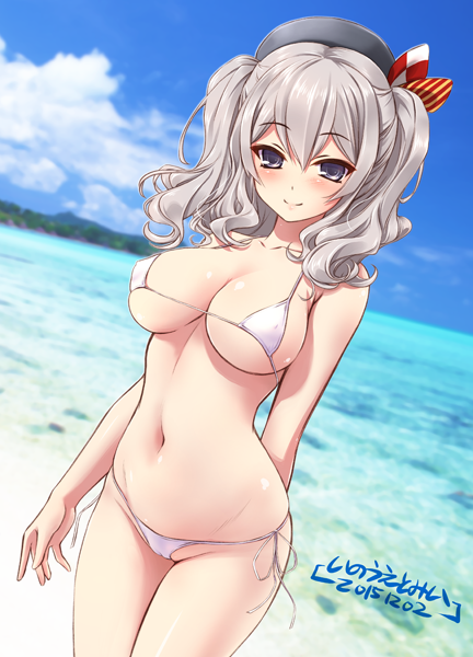 10s, 1girl, arm_behind_back, beret, bikini, breasts, cameltoe, dutch_angle, female_focus, grey_eyes, hat, inoue_tomii, kantai_collection, kashima_(kancolle), large_breasts, long_hair, looking_at_viewer, navel, shiny_skin, side-tie_bikini_bottom, sidelocks, silver_hair, skindentation, smile, solo, swimsuit, tsurime, twintails, wavy_hair