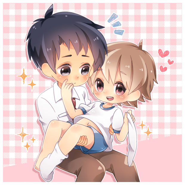 2boys, ^^^, blonde_hair, blue_eyes, blue_hair, brown_hair, child, heart, male_focus, multiple_boys, navel, nyaco, original, pink_eyes, single_sock, socks, sparkle, sportswear, teacher, teacher_and_student, yaoi