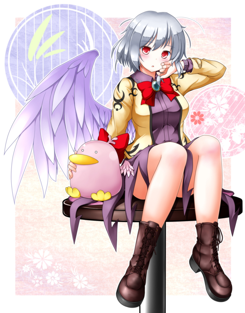 1girl, aka_tawashi, ankle_boots, boots, bow, bowtie, breasts, brown_boots, dress, female_focus, full_body, highres, jacket, kishin_sagume, lace-up_boots, long_sleeves, looking_at_viewer, mario_(series), md5_mismatch, nintendo, on_table, open_mouth, parted_lips, purple_dress, purple_skirt, raphael_the_raven, red_eyes, short_hair, silver_hair, single_wing, sitting, skirt, solo, table, touhou, wings, yoshi's_island