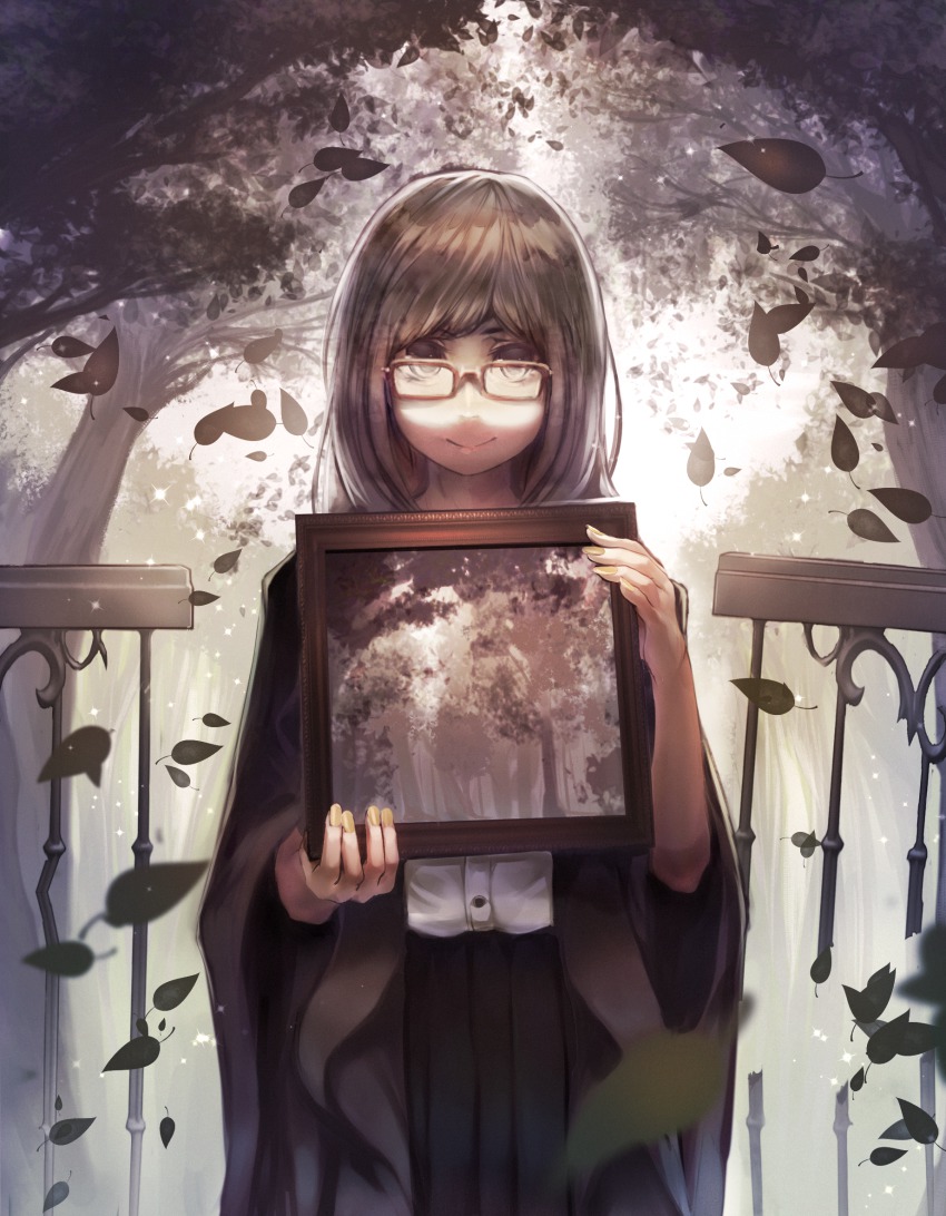 1girl, black_eyes, black_hair, broken_gate, falling_leaves, female_focus, forest, glasses