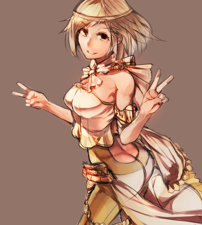 10s, 1girl, alternate_costume, armband, ass, bare_shoulders, blonde_hair, brown_background