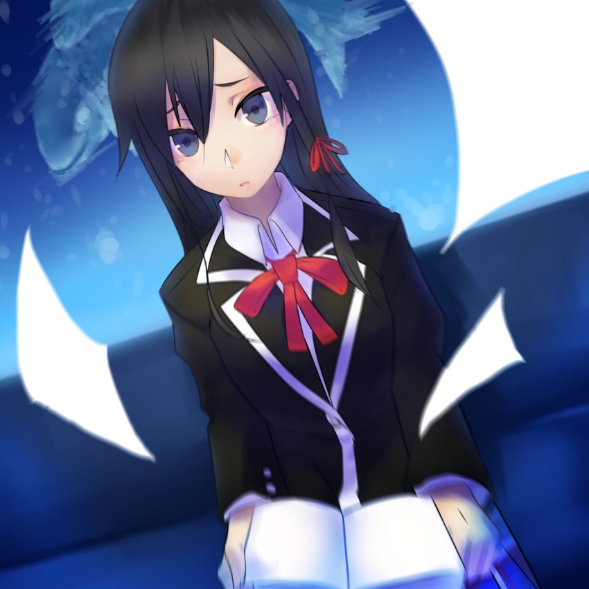 10s, 1girl, black_hair, blue_eyes, book, female_focus, hair_between_eyes, hair_ribbon