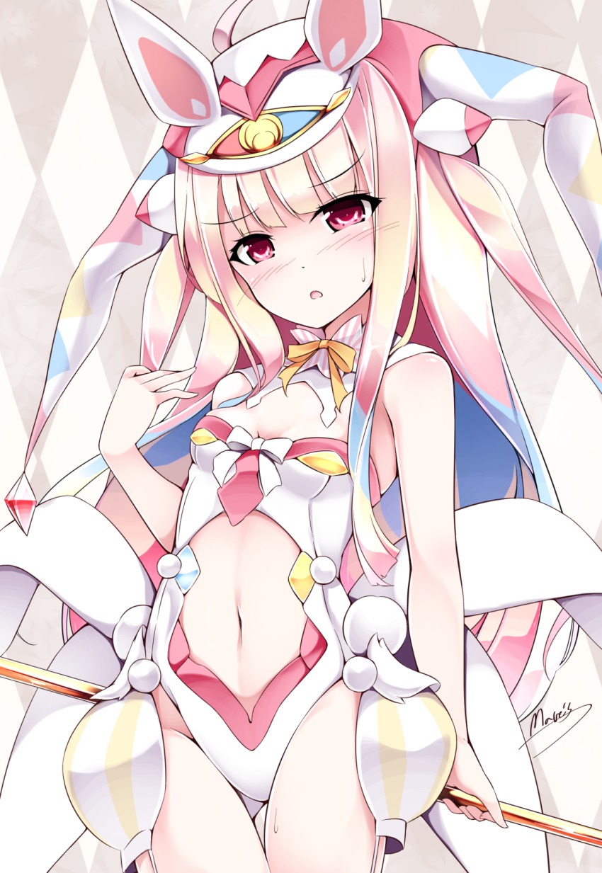 1girl, bad_id, bad_pixiv_id, bare_shoulders, beatmania_iidx, beatmania_iidx_22_pendual, bemani, blush, clothing_cutout, cowboy_shot, detached_collar, female_focus, hat, highres, long_hair, looking_at_viewer, lopica, magical_girl, maremay0513, navel, navel_cutout, open_mouth, pink_eyes, pink_hair, solo, staff, strapless, very_long_hair