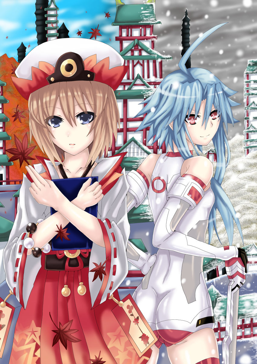 10s, 2girls, absurdres, ahoge, ass, bare_shoulders, blanc_(neptunia), blue_eyes