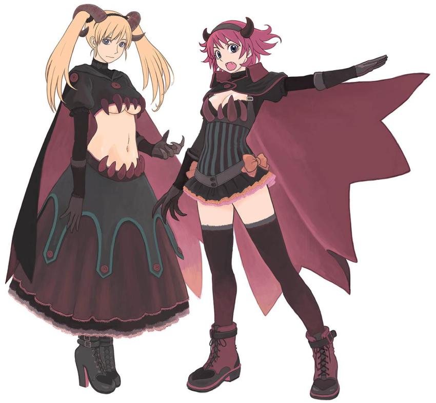 2girls, azuma_kiyohiko, blonde_hair, bow, breasts, cape, cleavage, dress