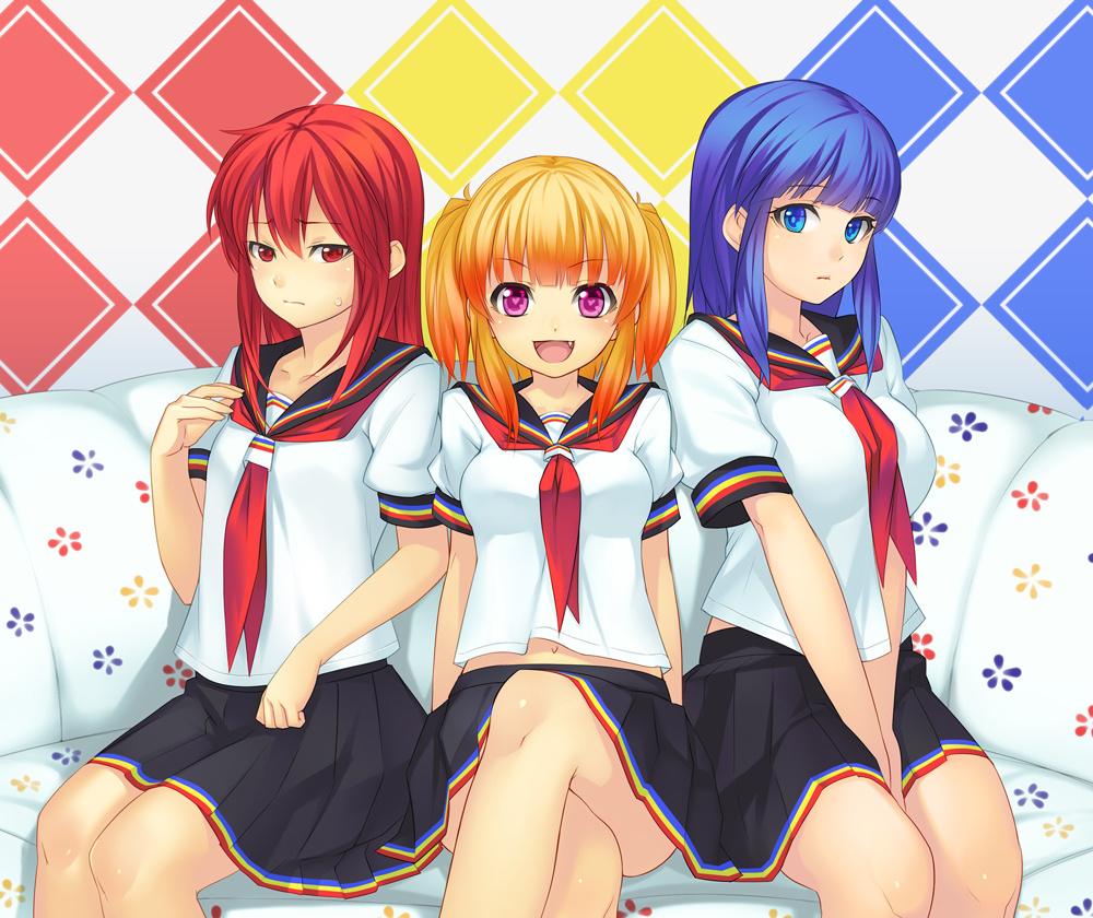 3girls, :d, aka_no_ripika, ao_no_rupika, beatmania_iidx, beatmania_iidx_20_tricoro, bemani, blonde_hair