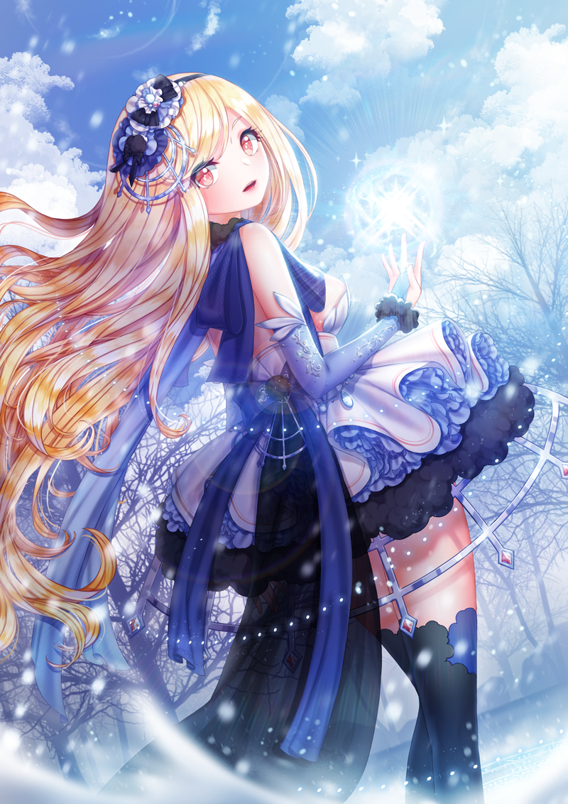 1girl, bare_tree, beads, blonde_hair, blue_sky, breasts, bridal_gauntlets, cloud