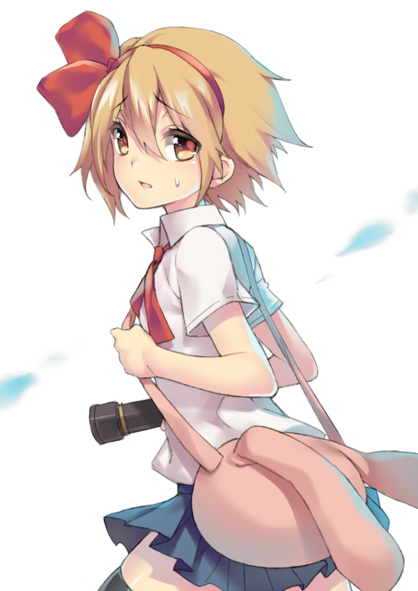 1girl, animal_ears, backlighting, bag, black_thighhighs, blonde_hair, camera, female_focus, fuya_(tempupupu), hair_ribbon, looking_at_viewer, pleated_skirt, protagonist_(yomawari), rabbit_ears, ribbon, school_uniform, shirt, short_sleeves, shoulder_bag, skirt, solo, thighhighs, yellow_eyes, yomawari, yomawari_(series), zettai_ryouiki
