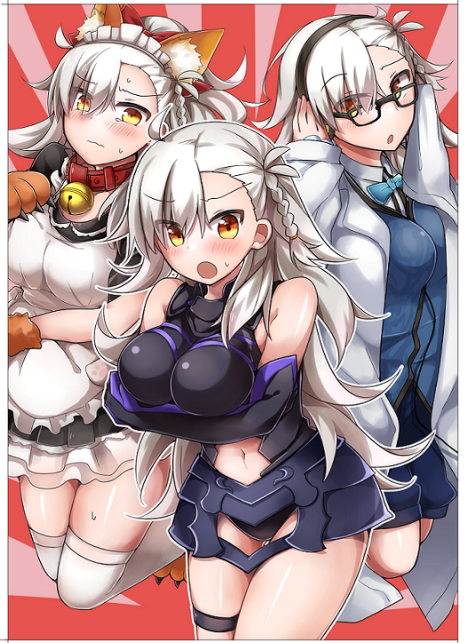 3girls, :o, alternate_costume, animal_ears, apron, arms_up, artist_request, bell