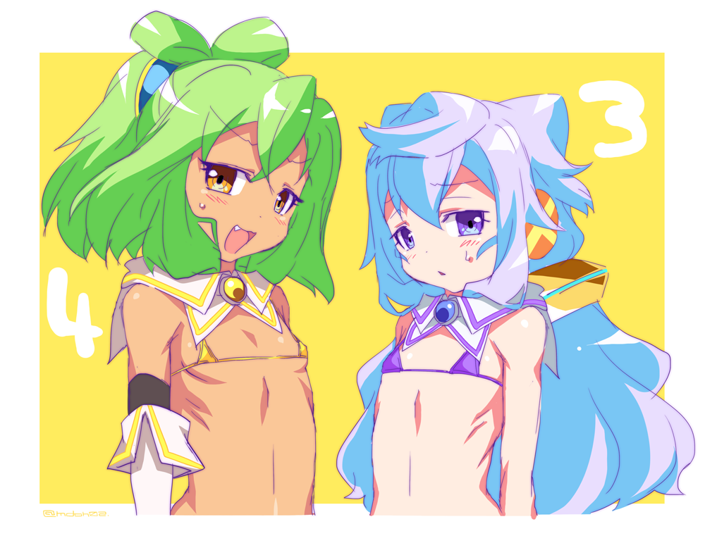 10s, 1boy, 1girl, bare_shoulders, bikini, blue_eyes, blue_hair, blush, flat_chest, green_hair, hacka_doll, hacka_doll_3, hacka_doll_4, long_hair, looking_at_viewer, micro_bikini, mudou_eichi, open_mouth, short_hair, smile, sweatdrop, swimsuit, trap