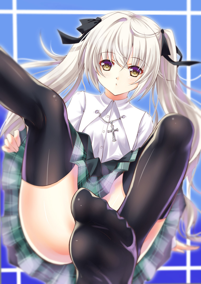 1girl, :o, ame_wa_a_ga_tsutano?, black_thighhighs, blue_background, blush, convenient_censoring, convenient_leg