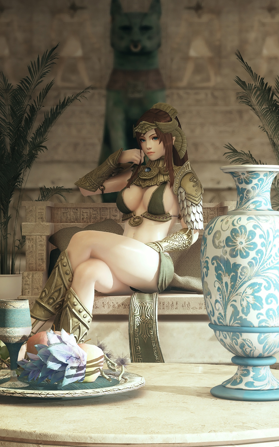 1girl, 3d, armor, bench, blue_eyes, breasts, brown_hair, chalice