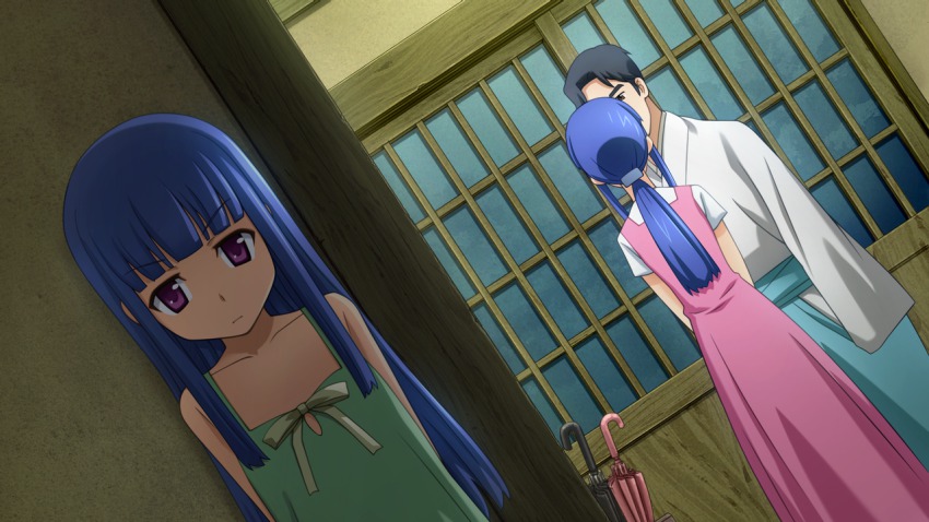 1boy, 2girls, artist_check, black_hair, blue_hair, closed_umbrella, dress, dutch_angle, family, furude_rika, furude_rika's_father, furude_rika's_mother, game_cg, hakama, hakama_skirt, higurashi_no_naku_koro_ni, hime_cut, japanese_clothes, listening, long_hair, multiple_girls, official_art, ponytail, rato, saikoroshi-hen, skirt, umbrella