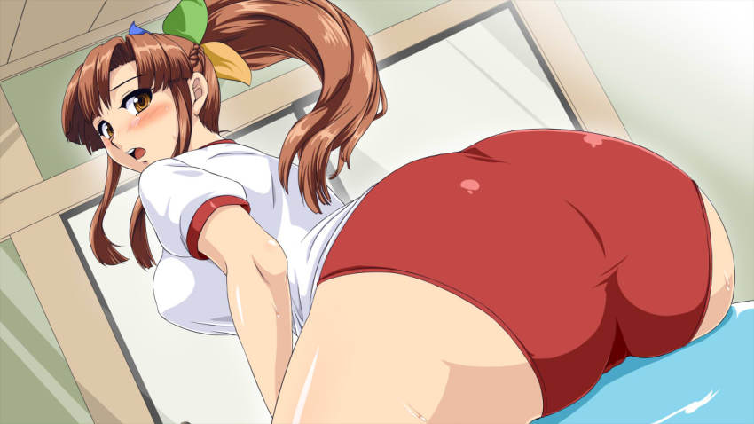 1girl, 95-tan, ass, blush, breasts, brown_eyes, brown_hair, buruma