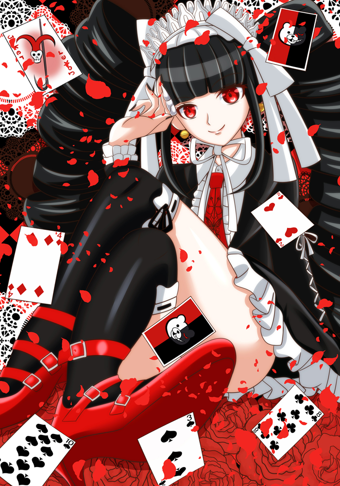 10s, 1girl, black_hair, black_nails, black_thighhighs, card, celestia_ludenberg, claw_ring, danganronpa:_trigger_happy_havoc, danganronpa_(series), do10nn, drill_hair, female_focus, flower, gothic_lolita, headdress, high_heels, lolita_fashion, long_hair, maid_headdress, nail_polish, necktie, red_eyes, sitting, smile, solo, thighhighs, twin_drills