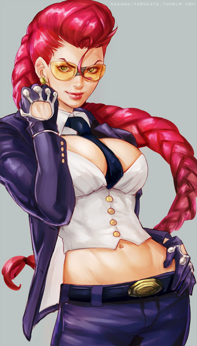 1girl, belt, belt_buckle, between_breasts, black_gloves, braid, breasts, buckle, clenched_hand, clothes_between_breasts, coat, crimson_viper, earrings, fauxhawk, female_focus, gloves, goggles, hand_on_own_hip, jewelry, large_breasts, lips, lipstick, long_hair, makeup, making-of_available, mature_female, midriff, nakama_yasukata, navel, necktie, necktie_between_breasts, nose, open_clothes, open_coat, orange-tinted_eyewear, orange-tinted_glasses, pippo3520, pompadour, red_hair, safety_glasses, single_braid, solo, street_fighter, street_fighter_iv_(series), sunglasses, tinted_eyewear, underbust, yellow-tinted_eyewear