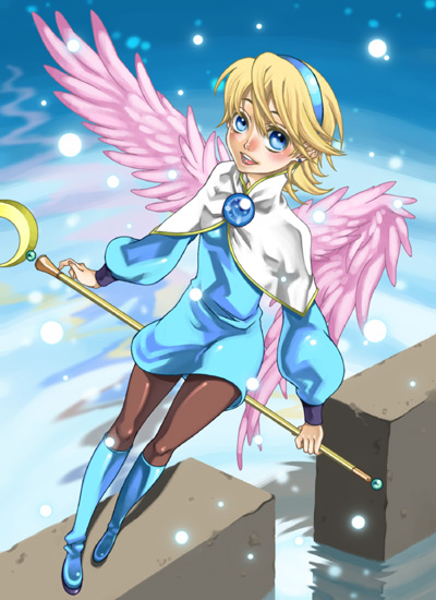1girl, angel_wings, blonde_hair, blue_boots, blush, boots, breasts, breath_of_fire