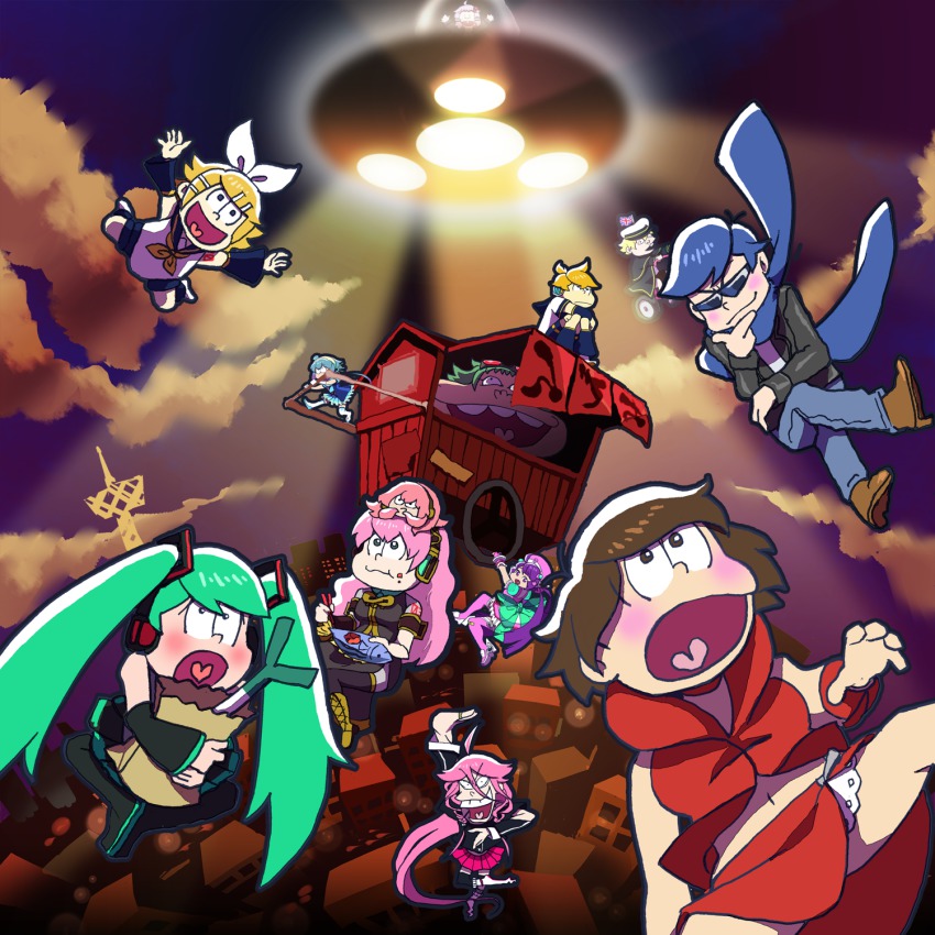 10s, 3boys, 6+girls, :o, ahoge, aoki_lapis, arm_warmers, arms_up