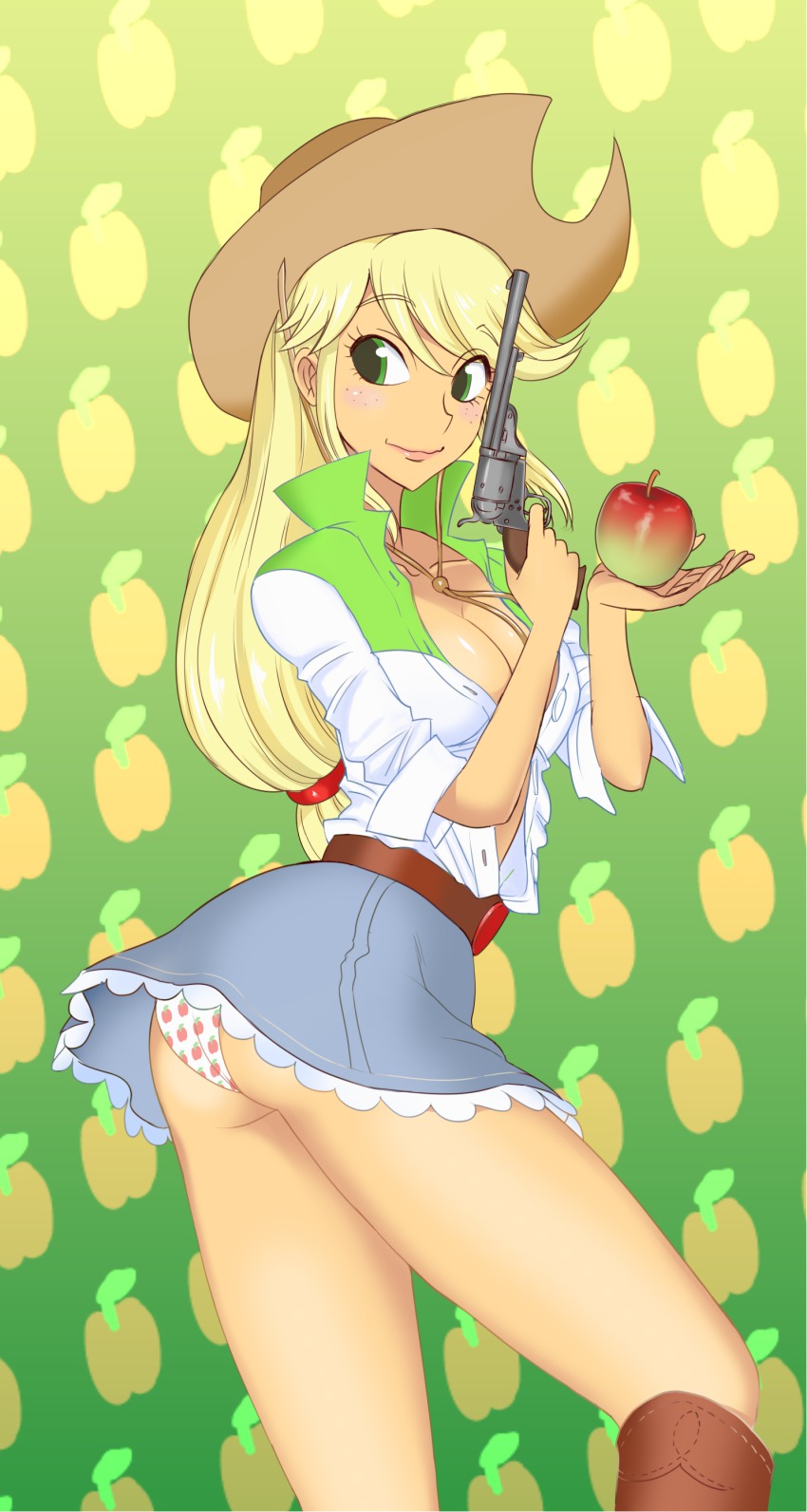 1girl, absurdres, apple, apple_panties, apple_print, applejack, applejack_(equestria_girls), belt