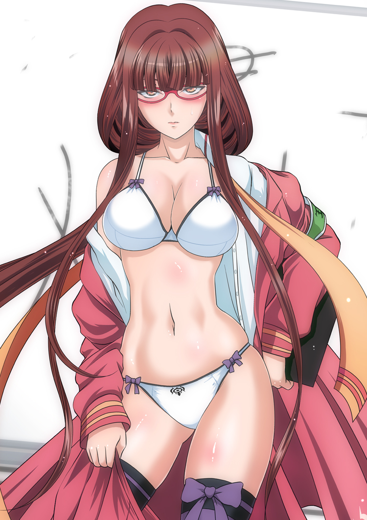 10s, 1girl, aoki_hagane_no_arpeggio, bra, breasts, brown_eyes, brown_hair, cleavage, female_focus, glasses, hiei_(aoki_hagane_no_arpeggio), kaname_aomame, long_hair, low_ponytail, panties, ponytail, school_uniform, solo, thighhighs, underwear, unworn_clothes, very_long_hair