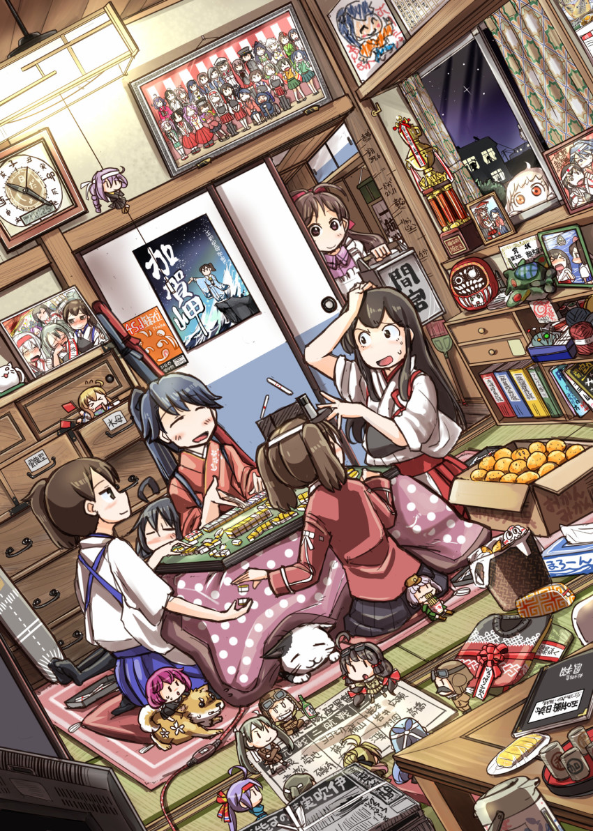 10s, 6+girls, 601_air_group_pilot_(kancolle), absolutely_everyone, absurdly_detailed_composition, abyssal_ship, ahoge, akagi_(kancolle), akamatsu_sadaaki, akitsu_maru_(kancolle), akitsushima_(kancolle), amagi_(kancolle), apron, aviator_cap, black_hair, black_skirt, blonde_hair, blue_hair, blue_skirt, board_game, cat, child's_drawing, clock, cup, daruma_doll, dutch_angle, egusa_(kantai_collection), egusa_squadron_pilot_(kancolle), everyone, fairy_(kancolle), flight_deck, food, fruit, graf_zeppelin_(kancolle), grey_hair, ha-class_destroyer, hagiri_matsuo, hairband, hakama, hakama_short_skirt, hakama_skirt, hayasui_(kancolle), headband, high_ponytail, highres, hiryuu_(kancolle), hiyou_(kancolle), houshou_(kancolle), inazuma_(kancolle), indoors, iwamoto_squadron_pilot_(kancolle), japanese_clothes, jun'you_(kancolle), kaga_(kancolle), kantai_collection, kappougi, kariginu, katsuragi_(kancolle), kotatsu, loaded_interior, long_hair, mahjong, mamiya_(kancolle), mandarin_orange, mikazuki_(kancolle), military, military_uniform, miss_cloud, mizuho_(kancolle), multiple_girls, muneate, naka_(kancolle), newspaper, northern_ocean_princess, photo_(object), picture_frame, pilot_suit, plasma-chan_(kancolle), ponytail, poster_(medium), red_eyes, red_skirt, remodel_(kantai_collection), reppuu_(kancolle), ryuuhou_(kancolle), ryuujou_(kancolle), ryuusei_(kancolle), saiun_(kancolle), sakazaki_freddy, shiba_inu, shinden_(kancolle), short_hair, short_twintails, shouhou_(kancolle), shoukaku_(kancolle), skirt, souryuu_(kancolle), table, taigei_(kancolle), taihou_(kancolle), tasuki, tatami, teacup, tears, tenzan_(kancolle), the_yuudachi-like_creature, tomonaga_(fairy), tomonaga_squadron_pilot_(kancolle), trophy, twintails, under_kotatsu, under_table, unryuu_(kancolle), visor_cap, wakamiya_(kancolle), wall_clock, when_you_see_it, white_hair, wo-class_aircraft_carrier, yamato_(kancolle), yunomi, yuukaze_(sakazaki_freddy), zero_(kantai_collection), zuihou_(kancolle), zuikaku_(kancolle)