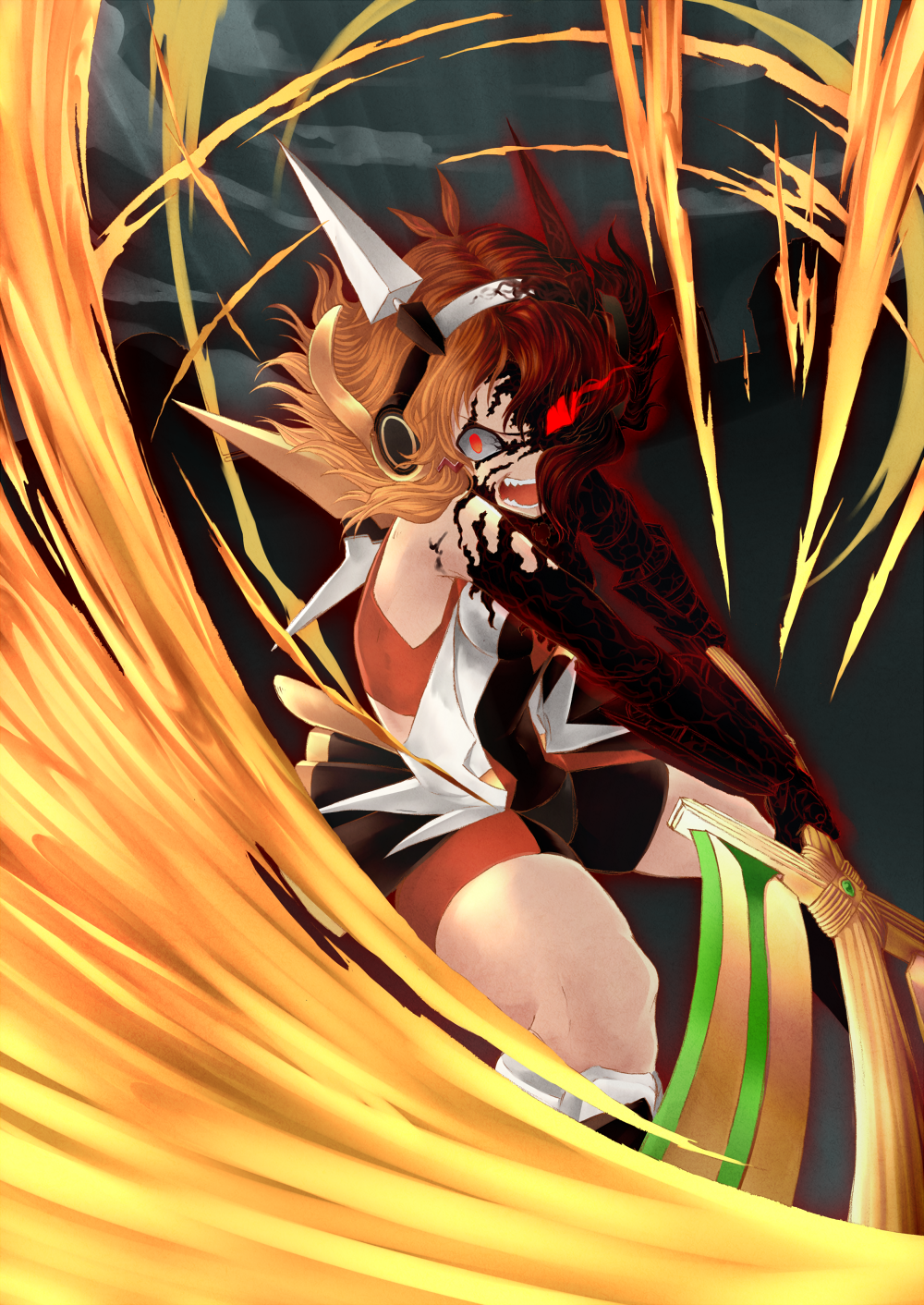 10s, 1girl, aura, bodysuit, brown_hair, durandal, fangs, female_focus