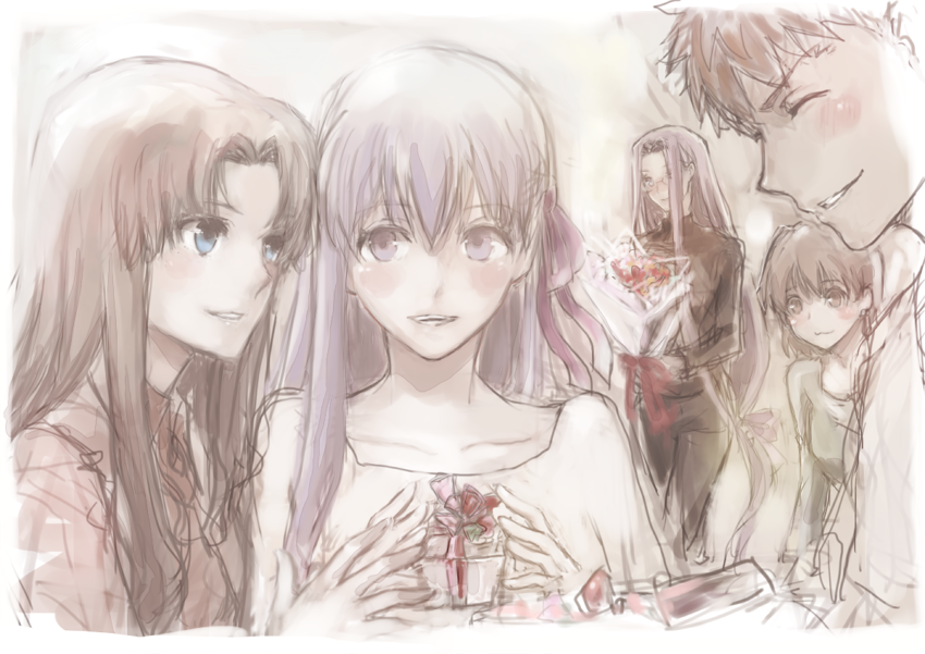 1boy, 4girls, aged_up, black_hair, blue_eyes, bouquet, brown_hair, emiya_shirou, emiya_shirou_(heaven's_feel), fate/stay_night, fate_(series), flower, fujimura_taiga, glasses, good_end, hair_ribbon, happy_birthday, heavens_feel, long_hair, matou_sakura, medusa_(fate), medusa_(rider)_(fate), multiple_girls, purple_hair, red_hair, ribbon, short_hair, smile, tetsumaki, tohsaka_rin, turtleneck