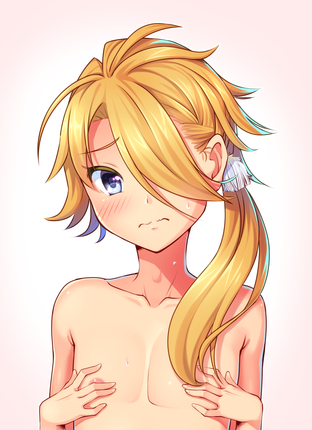 10s, 1boy, androgynous, bad_id, bad_pixiv_id, blonde_hair, blush, collarbone, covering_chest, covering_privates, frown, hair_over_one_eye, highres, male_focus, nude, nukoko_(akumagansyakudairi), ponytail, shishiou_(touken_ranbu), solo, touken_ranbu, upper_body, wavy_mouth