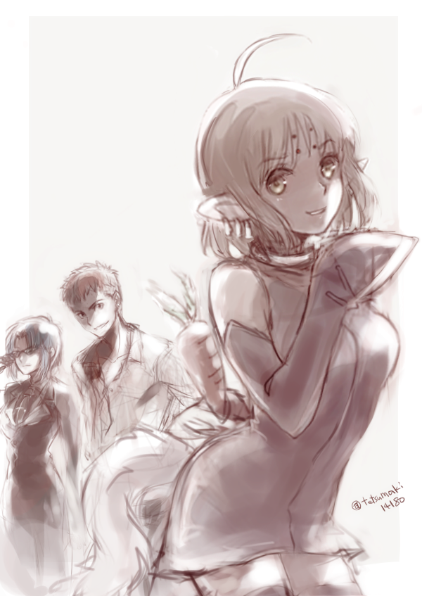 00s, 1boy, 2girls, blonde_hair, blue_eyes, blue_hair, carrot, ciel_(tsukihime)