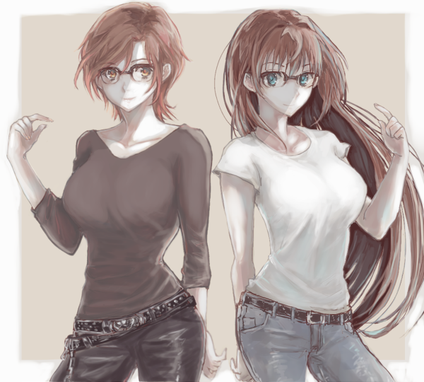 00s, 2girls, aozaki_aoko, aozaki_touko, aozaki_touko_(mahou_tsukai_no_yoru), bespectacled, blue_eyes, glasses, hair_intakes, kara_no_kyoukai, long_hair, multiple_girls, red_eyes, red_hair, short_hair, siblings, sisters, smile, tetsumaki, tsukihime