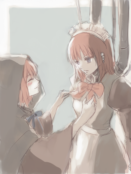 00s, 2girls, apron, blue_eyes, blush, cape, cloak, closed_eyes