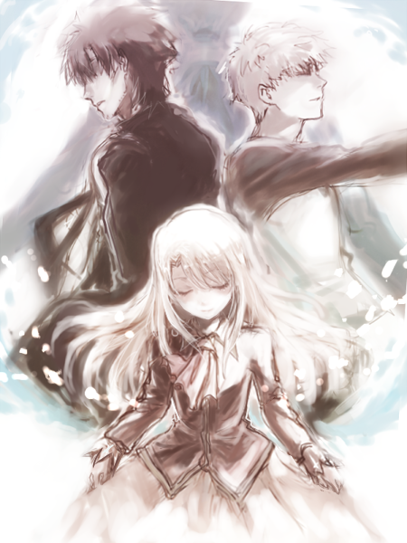 1girl, 2boys, adoptive_parent_and_adoptive_child, black_hair, closed_eyes, emiya_kiritsugu, emiya_shirou, facial_hair