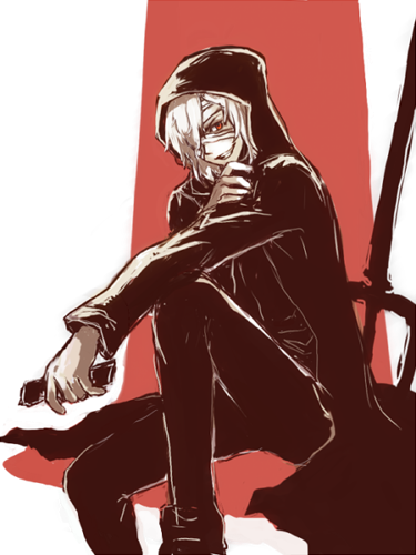 00s, 1boy, bandage_over_one_eye, fangs, hood, hooded_jacket, jacket, knife