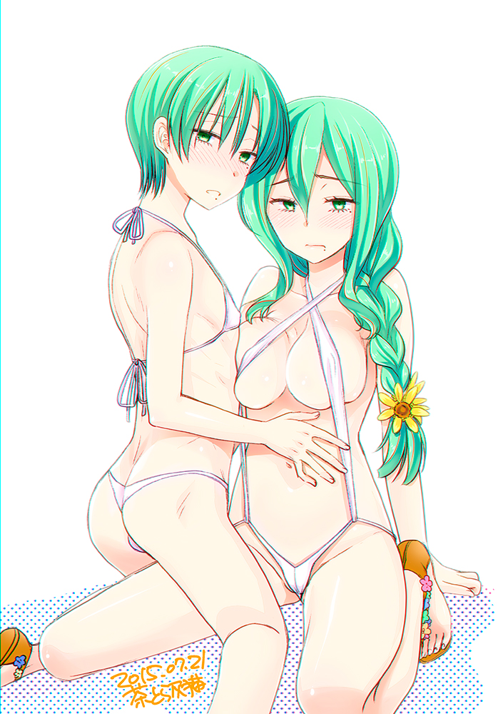 1boy, 1girl, 2015, bad_id, bad_pixiv_id, bikini, blush, braid