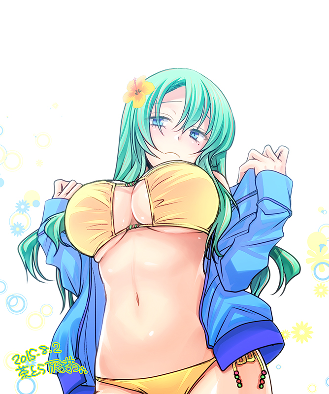 10s, 1girl, 2015, bad_id, bad_pixiv_id, bikini, blue_eyes, blush, dated, female_focus, flower, genderswap, genderswap_(mtf), green_hair, hair_flower, hair_ornament, hibiscus, jacket, long_hair, makishima_yuusuke, mole, mole_under_eye, navel, panties, shigemiya_kyouhei, side-tie_panties, simple_background, skindentation, solo, swimsuit, track_jacket, underwear, white_background, yellow_bikini, yowamushi_pedal