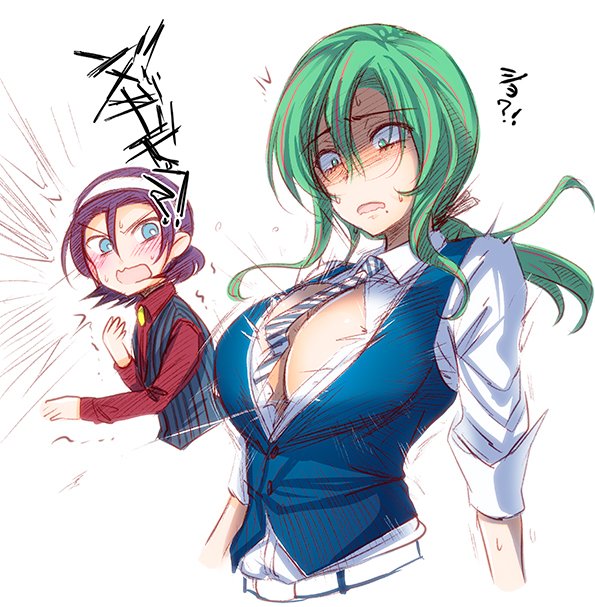 1boy, 1girl, angry, bad_id, bad_twitter_id, blue_eyes, blush, breasts, bursting_breasts, cleavage, genderswap, genderswap_(mtf), green_eyes, green_hair, hair_ribbon, hairband, huge_breasts, long_hair, makishima_yuusuke, necktie, open_mouth, popped_button, purple_hair, ribbon, shigemiya_kyouhei, ^^^, surprised, sweat, toudou_jinpachi, upper_body, white_background, yowamushi_pedal