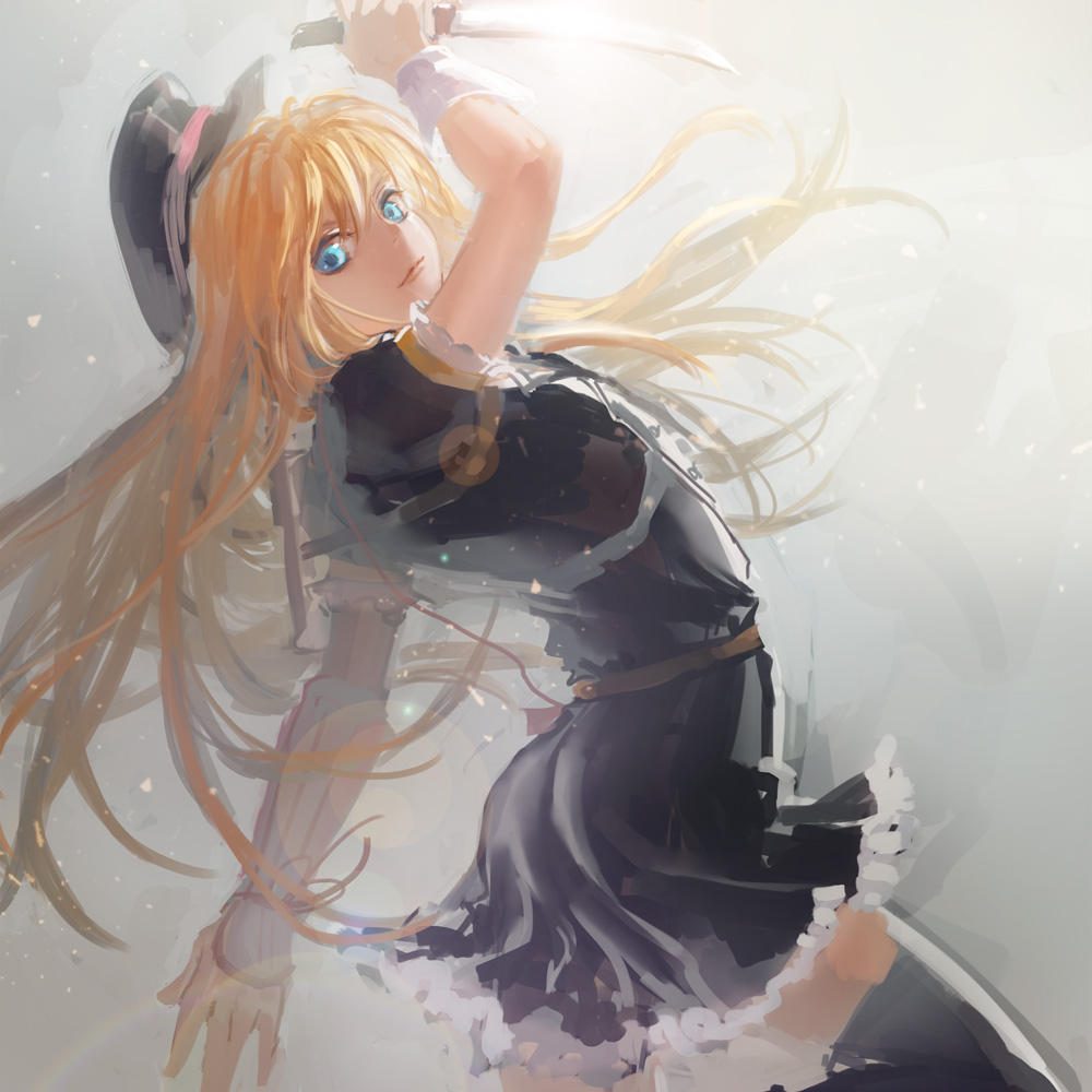 10s, 1boy, black_thighhighs, blonde_hair, blue_eyes, crossdressing, crossdressing_(mtf), dress