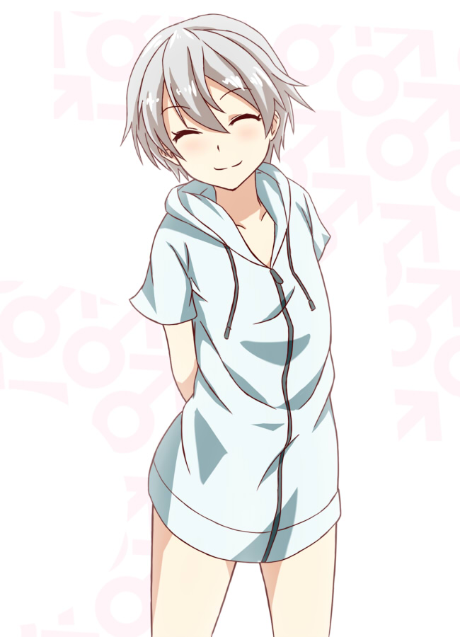 10s, 1boy, bad_id, bad_pixiv_id, blush, closed_eyes, hood, hoodie, male_focus, naked_hoodie, short_hair, silver_hair, smile, solo, totsuka_saika, trap, yahari_ore_no_seishun_lovecome_wa_machigatteiru., yoshi_kita