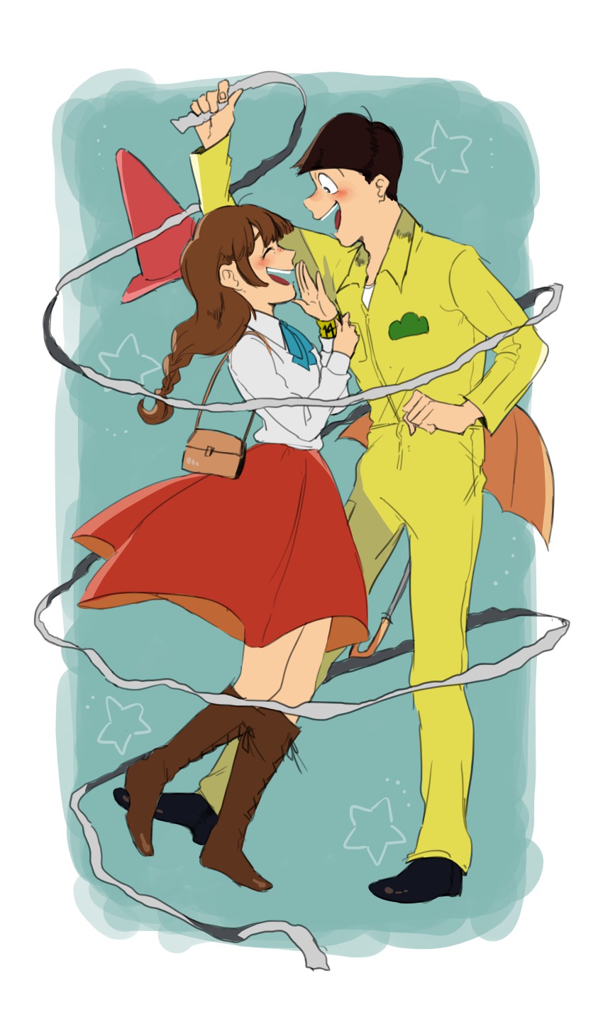 10s, 1boy, 1girl, absurdres, alternate_costume, armband, bad_id, bad_twitter_id, black_hair, blue_background, blush, boots, braid, brown_hair, closed_eyes, hakumai_(ea01-ka), hetero, highres, jumpsuit, jyushimatsu's_girlfriend, laughing, long_hair, matsuno_jyushimatsu, osomatsu-kun, osomatsu-san, osomatsu_(series), short_hair, simple_background, skirt, smile, star_(symbol), umbrella